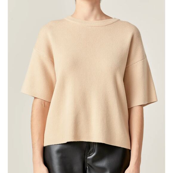 English Factory Ribbed Collar Knit Elbow Half Sleeves Sweater Top Beige L - Picture 7 of 11